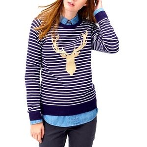 Crown & Ivy Navy White Striped Sweater Gold Sparkly Embroidered Deer Size Large
